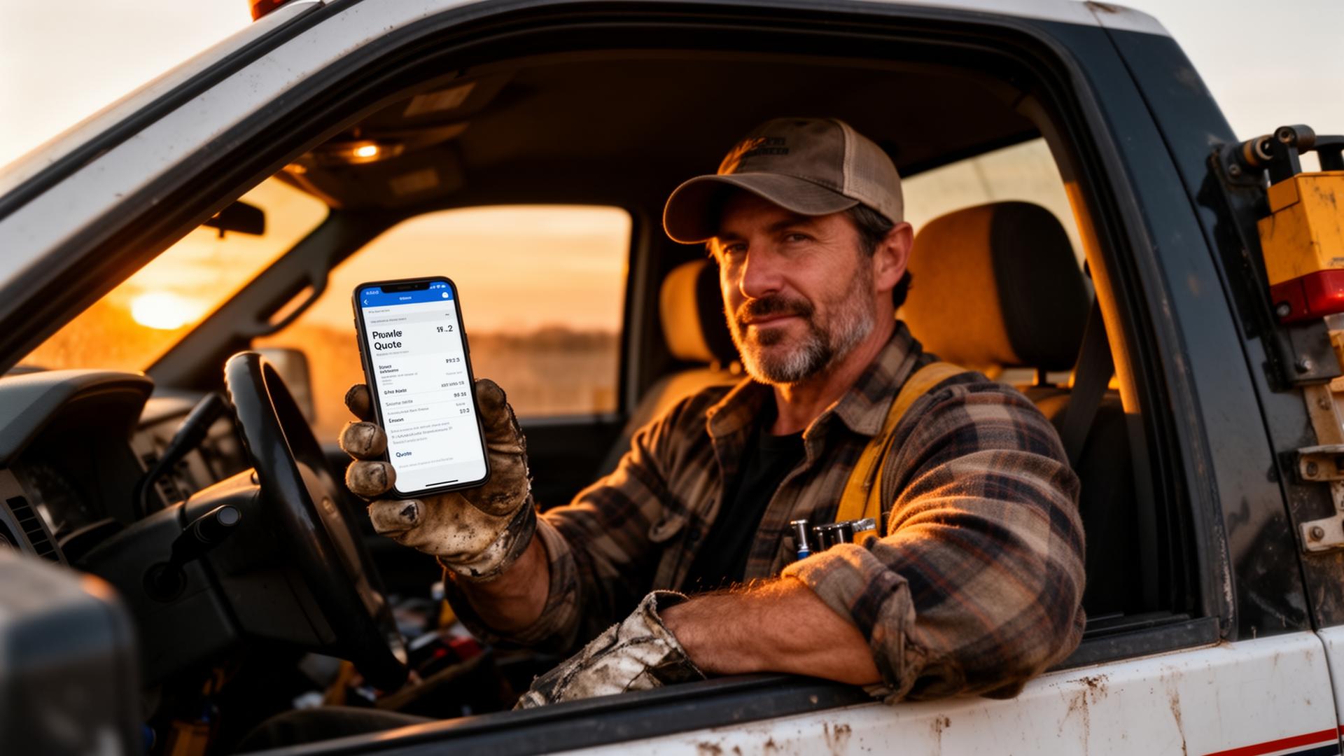 Contractor sending a quote from his truck at dusk